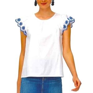 Sz S J Crew White Eyelet Shirt with Blue Embroidery Flutter Sleeve